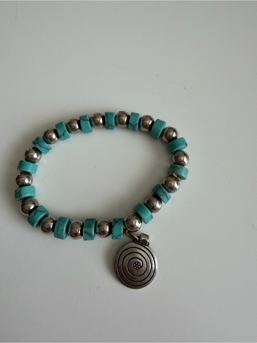 Turquoise Beaded Stretch Bracelet with Silver-Tone Spiral Pendant